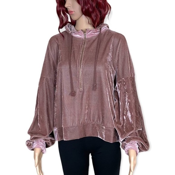 Favlux Velvet Hoodie Womens Large Mauve Oversized Puffy Sleeve 1/2 Zip - Picture 1 of 8
